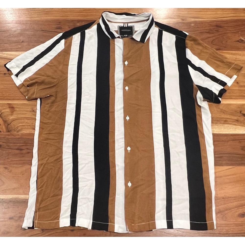 Denim & Flower Ricky Singh Mens Large Striped Short Sleeve Button Up Shirt Brown